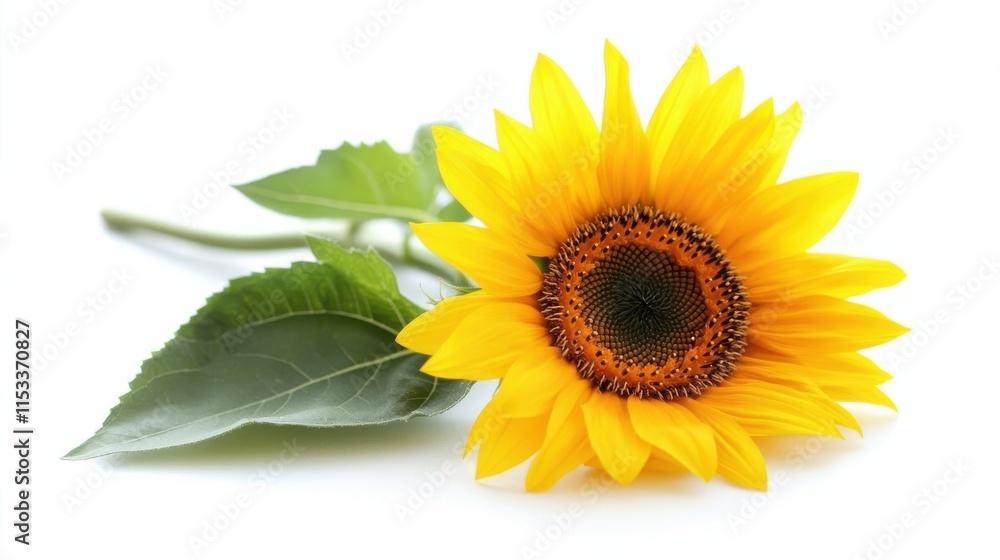 Fototapeta premium A single bright sunflower isolated against a pure white backdrop