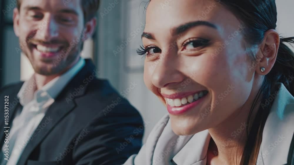 Closeup portrait of two businesspeople working together, looking at the camera and smiling. Businessman and businesswoman. Soft camera movement. Closeup portrait of two businesspeople working together, looking at the camera and smiling. Businessman and businesswoman. Soft camera movement.