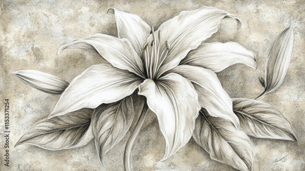 A detailed illustration of a white lily with leaves on a textured background. A detailed illustration of a white lily with leaves on a textured background.