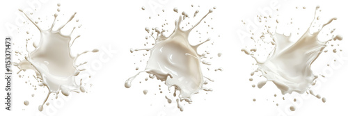 Collection of liquid milk splashing on transparent background