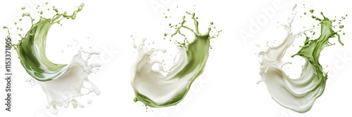 matcha green tea mixed with milk splashing, isolate on transparent background