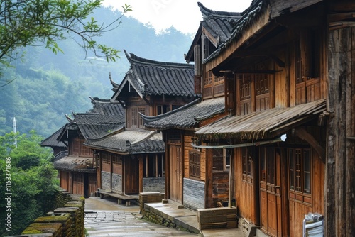 Ancient Chinese Village: Rural Wooden Houses and Scenic Mountain Landscape photo