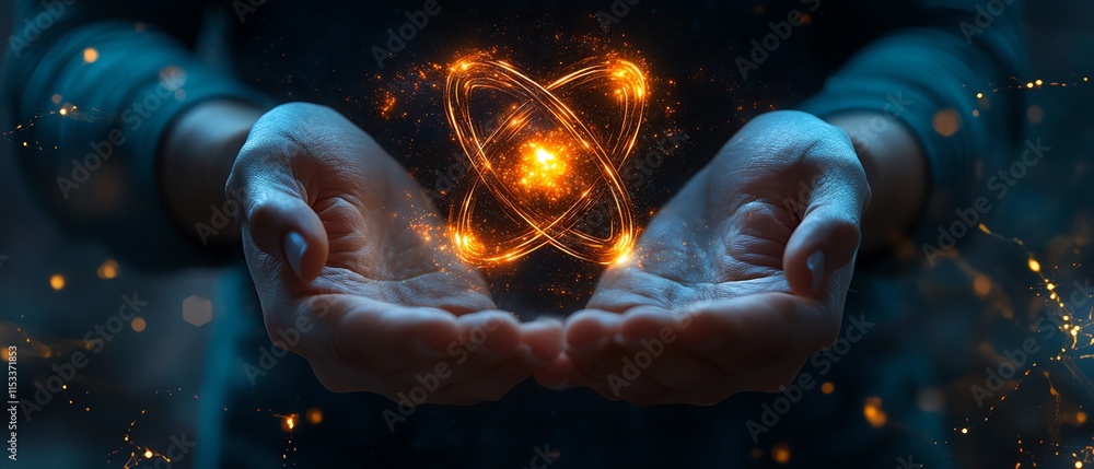 A glowing atomic symbol held in the hands, symbolizing the power of energy and scientific innovation, with a hightech, dynamic background A glowing atomic symbol held in the hands, symbolizing the power of energy and scientific innovation, with a hightech, dynamic background