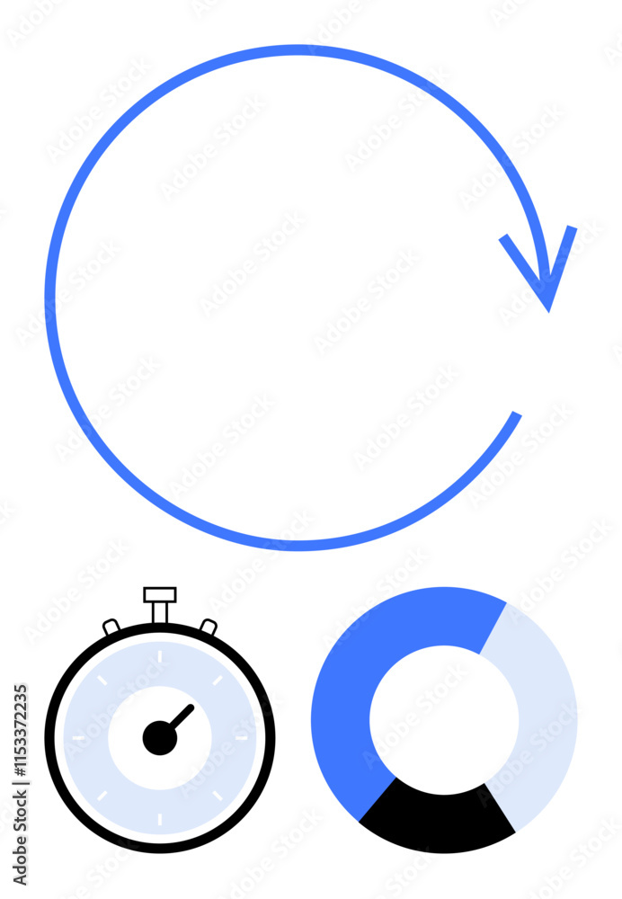 Circular arrow stopwatch and donut chart. Ideal for process flow, time tracking, data visualization, efficiency, productivity, repetition, business concepts. Line metaphor Circular arrow stopwatch and donut chart. Ideal for process flow, time tracking, data visualization, efficiency, productivity, repetition, business concepts. Line metaphor