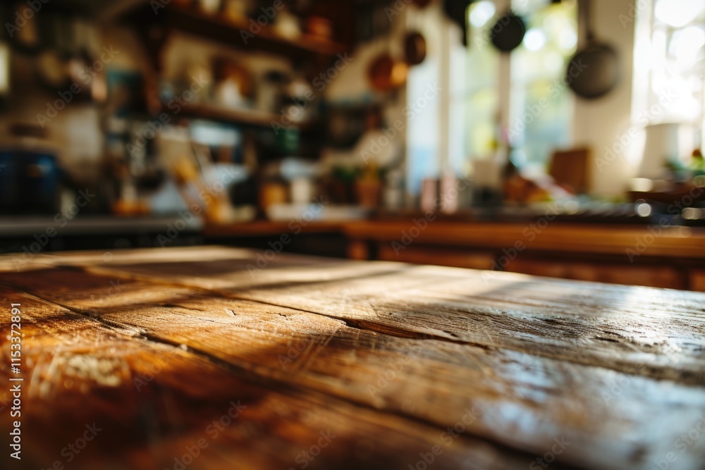 Blurred Kitchen Background with Retro Wood Table Top Display Blurred Kitchen Background with Retro Wood Table Top Display