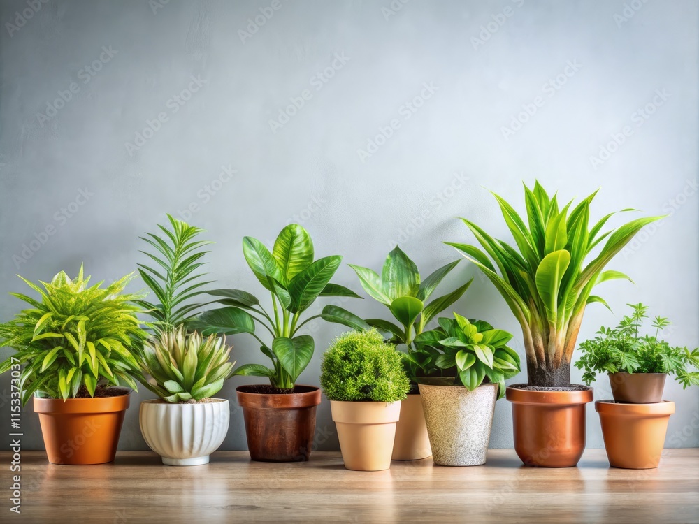 Obraz premium Vibrant potted plants and stylish arrangements bring clean, green home décor with ample copy space.