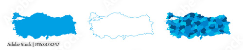 Turkey set of three maps - solid map, outline map and map highlighting administrative divisions. Three distinct maps illustrate various representations of a geographical area.