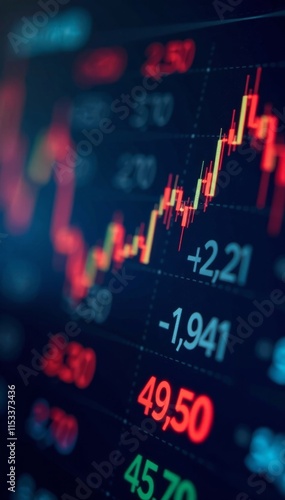 Close-up of stock market board with rising numbers and graphs, charts, market