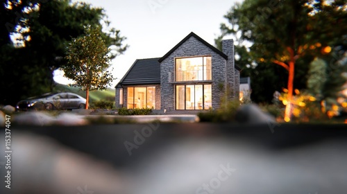 Modern Stone House  Night Exterior  Suburban Home  Cinematic Lighting