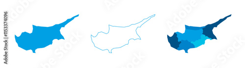 Cyprus set of three maps - solid map, outline map and map highlighting administrative divisions. Three distinct maps illustrate various representations of a geographical area.