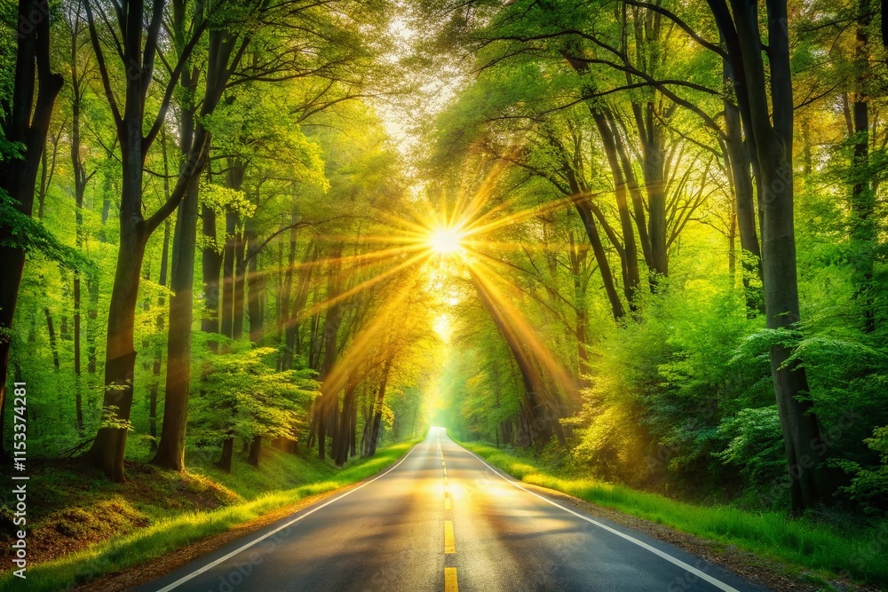 Fototapeta premium Sunlit Spring Highway Vanishing into Silent Forest - Double Exposure Stock Photo