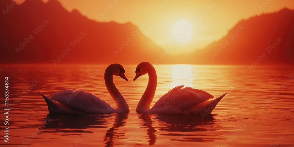 Fototapeta premium Romantic Sunset Swans in Lake