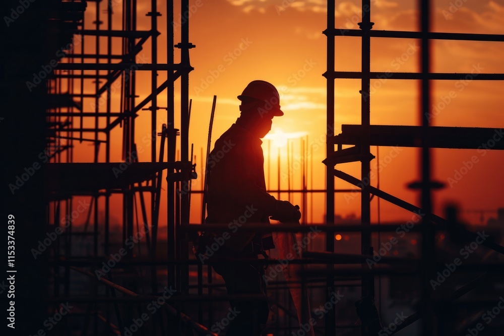 Fototapeta premium Construction Workers Building a Concrete Structure on Scaffolding: Industry and Development Silhouette
