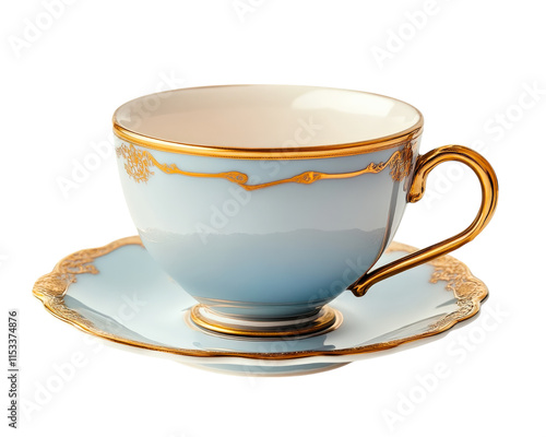 Elegant blue and gold teacup with saucer, featuring intricate detailing and classic design, isolated on transparency background. Perfect for sophisticated tea setting