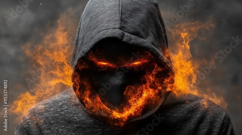 Fiery hooded figure, burning face.
