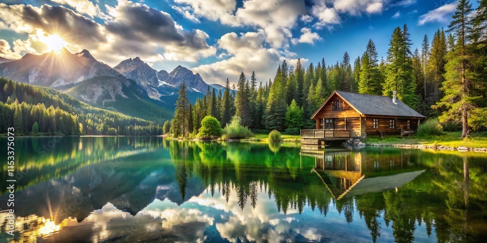 Fototapeta premium Sunny Mountain Lake Cabin Landscape Stock Photo - Idyllic Rural Retreat