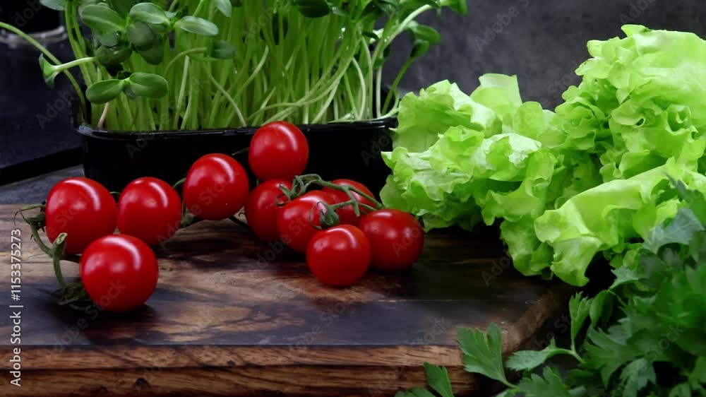 Vibrant cherry tomatoes and crisp lettuce are arranged on a wooden board, inviting culinary creativity. A touch of green sprouts adds freshness, perfect for a healthy dish. Vibrant cherry tomatoes and crisp lettuce are arranged on a wooden board, inviting culinary creativity. A touch of green sprouts adds freshness, perfect for a healthy dish.