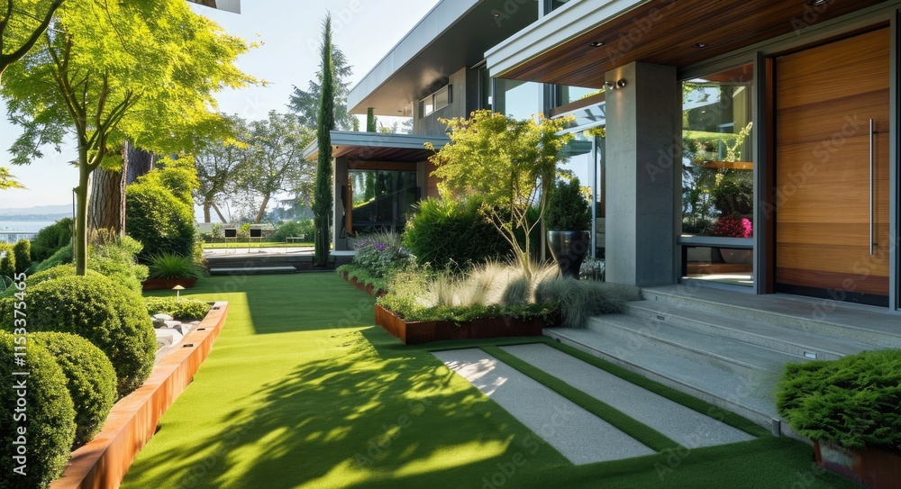 Obraz premium Contemporary Residential Living: Modern Architecture and Landscaping with Artificial Turf and Wood Edging