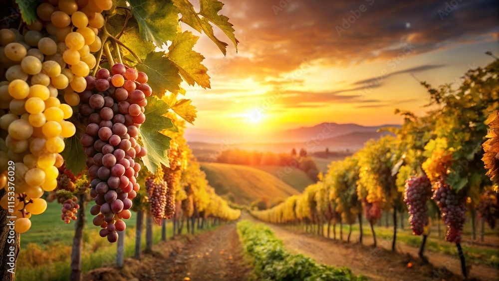 Fototapeta premium Sunset Vineyard Harvest: Ripe Grapes Ready for Picking