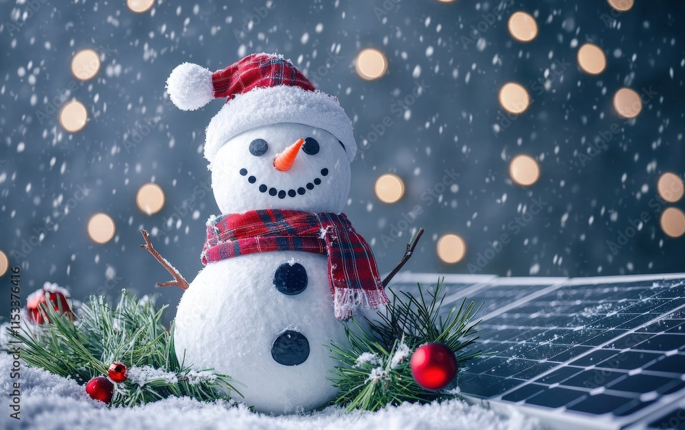 Fototapeta premium A snowman and solar panels together on a festive grey background with winter-themed decorations