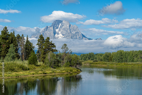 The Snake River and the Mount Moran in the background in the Oxbow Bend viewpoint in Grand Teton National Park, Wyoming photo