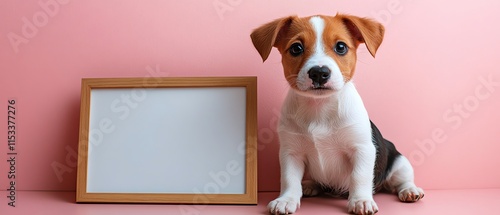 A charming dog sitting next to a blank board on a light pink background, perfect for petrelated campaigns and marketing concepts photo