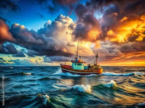 Surreal Barents Sea Fishing: A lone fishing barge under a swirling, otherworldly sky. photo