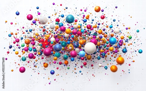 A surreal 3D explosion of colorful orbs in varying sizes, scattered across a white background