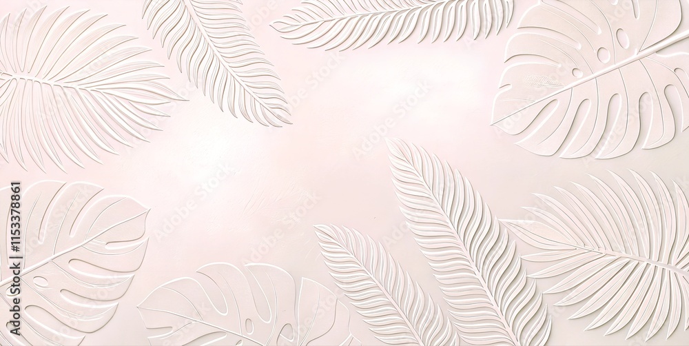 Fototapeta premium Stylish embossed wallpaper with tropical leaf design on soft pink background for interior decor