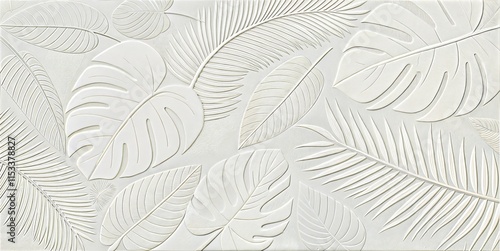Elegant white textured wallpaper with tropical leaf design for modern interior decoration