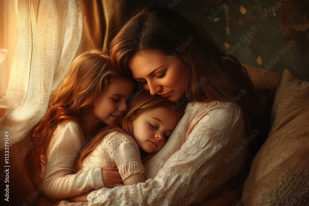 Mother hugging her two daughters at home Mother hugging her two daughters at home