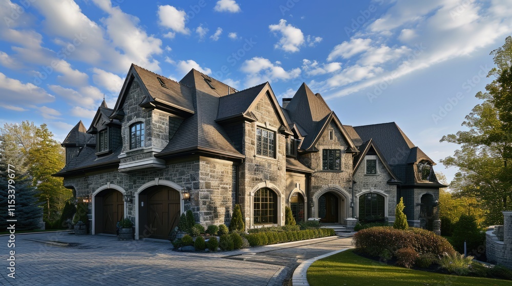 Fototapeta premium Modern Luxury Residence in French Country Style with Expansive Landscape and Blue Sky Background