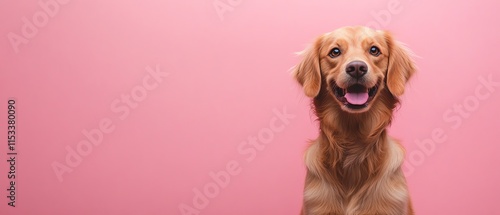 A sweet dog sitting by a blank board on a pink background, perfect for petrelated business concepts, advertising, and social media campaigns photo