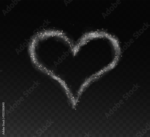 A heart-shaped star trail. Shimmering dust particles fly and leave behind a heart-shaped trail. Bright particles glow with the special festive light of Christmas. Background for greeting card.	