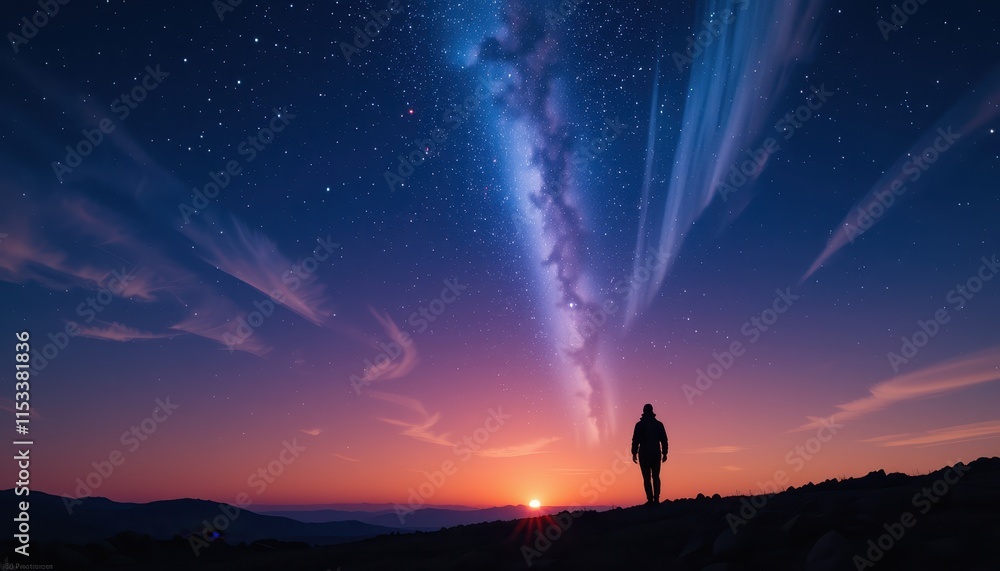 Solitary Figure Gazing at Sunset and Milky Way Solitary Figure Gazing at Sunset and Milky Way