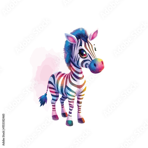 Watercolor vector of a cartoon zebra animation, isolated on a white background, zebra animation