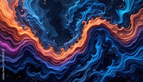 Abstract swirling blue and orange waves artwork