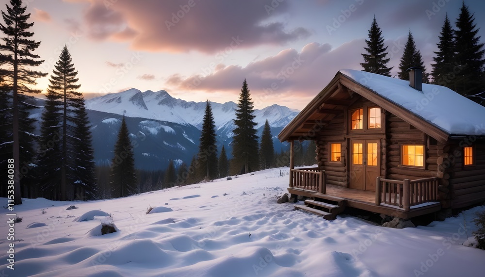 Fototapeta premium A wooden cabin in a snowy mountain landscape with pine trees, under a cloudy sky at sunset