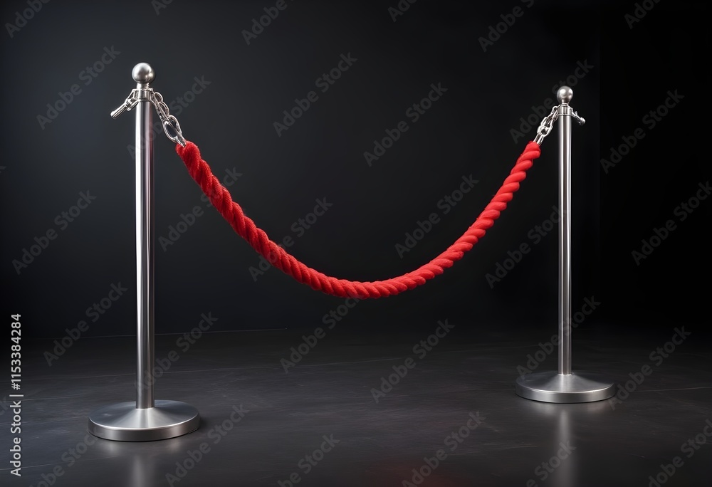 Fototapeta premium A red rope barrier with metal stanchions on a dark background