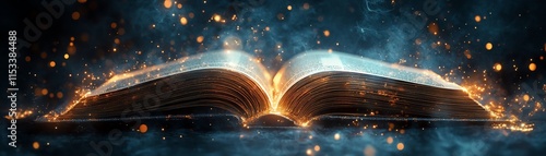 Mystical open book with glowing magical symbols and an ethereal light aura, creating an enchanting and fantasylike atmosphere, surrounded by soft glowing particles photo