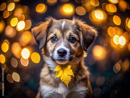 Adorable Mixed Breed Puppy with Autumn Leaf - Night Photography photo