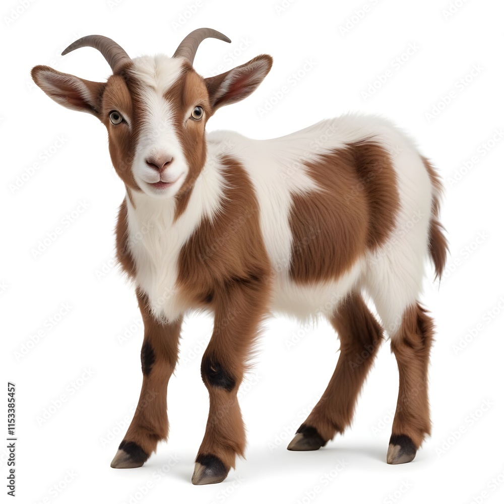 A young goat standing on a white background , looking directly at the camera with its ears perked up A young goat standing on a white background , looking directly at the camera with its ears perked up
