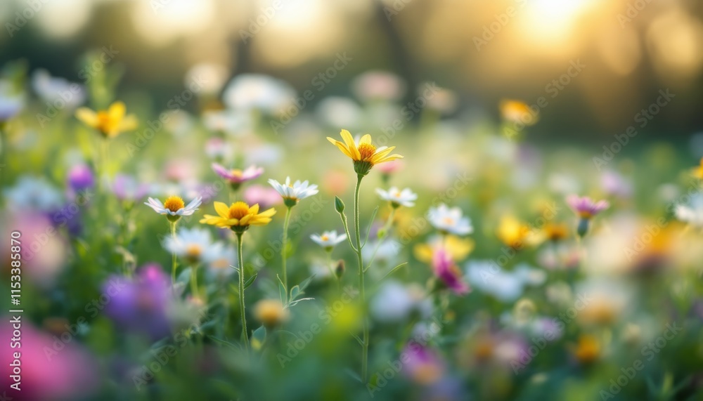 Obraz premium Vibrant Wildflowers Blooming in Spring Meadow at Sunset