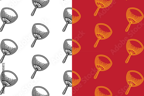 chinese fans doodle seamless pattern background set for packaging. retro traditional handheld fans background. engraving paper fans wallpaper. pattern background with handheld chinese fans festival.