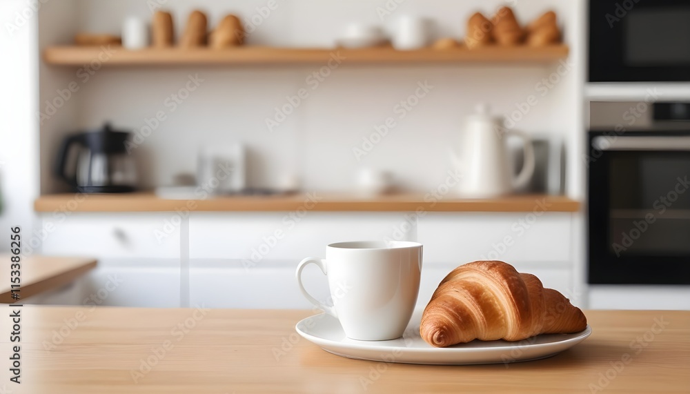 A white coffee mug and a croissant on a wooden table, with blurred kitchen shelves in the background A white coffee mug and a croissant on a wooden table, with blurred kitchen shelves in the background