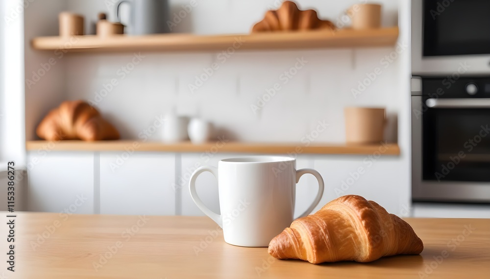 A white coffee mug and a croissant on a wooden table, with blurred kitchen shelves in the background A white coffee mug and a croissant on a wooden table, with blurred kitchen shelves in the background