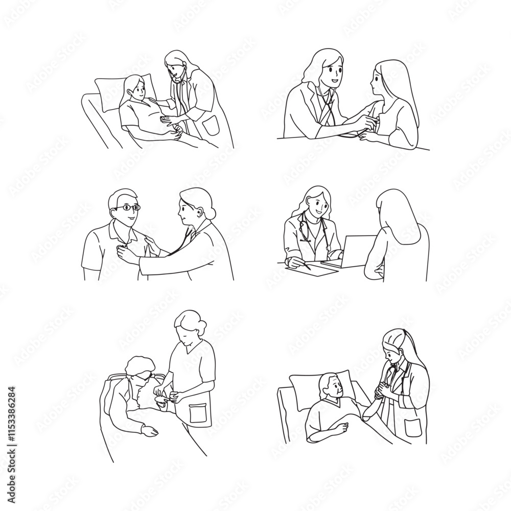 Line art illustration of a doctor examining a patient's. Line art illustration of a doctor examining a patient's.