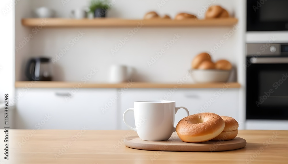 A white coffee mug and a bagel on a wooden table, with blurred kitchen shelves in the background A white coffee mug and a bagel on a wooden table, with blurred kitchen shelves in the background