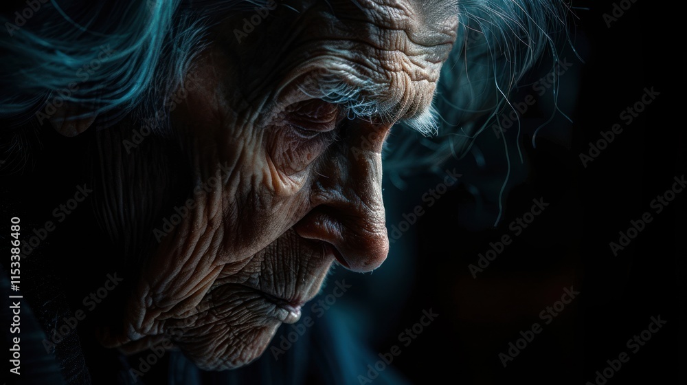 Close-up portrait of an elderly woman's face, showing wrinkles, age, and a pensive expression. Close-up portrait of an elderly woman's face, showing wrinkles, age, and a pensive expression.