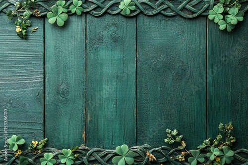 St. Patrick's Day Celebration Template with Clover Border on Deep Green Wooden Background